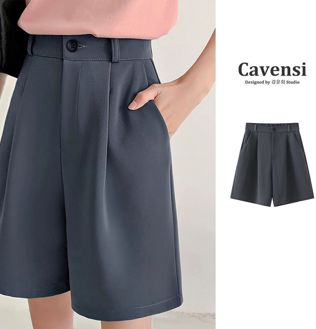 Cavensi A字闊腿西裝短褲 後鬆緊打摺休閒五分褲女