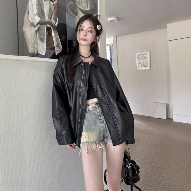 여성 가죽 재킷 레트로 루즈핏 라이딩 자켓 가을 데일리룩