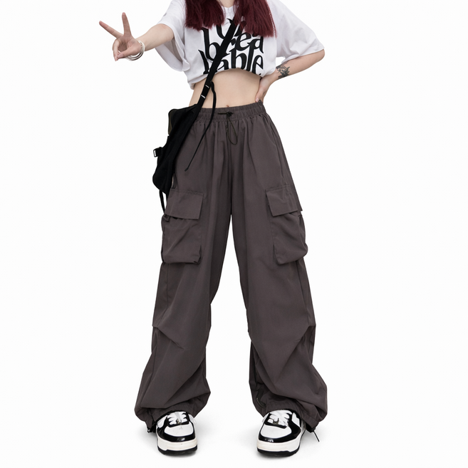 차쿠 남녀공용 와이드 카고 바지 통바지 와이드 캐주얼 카고 팬츠 밑단 조걸 스토퍼