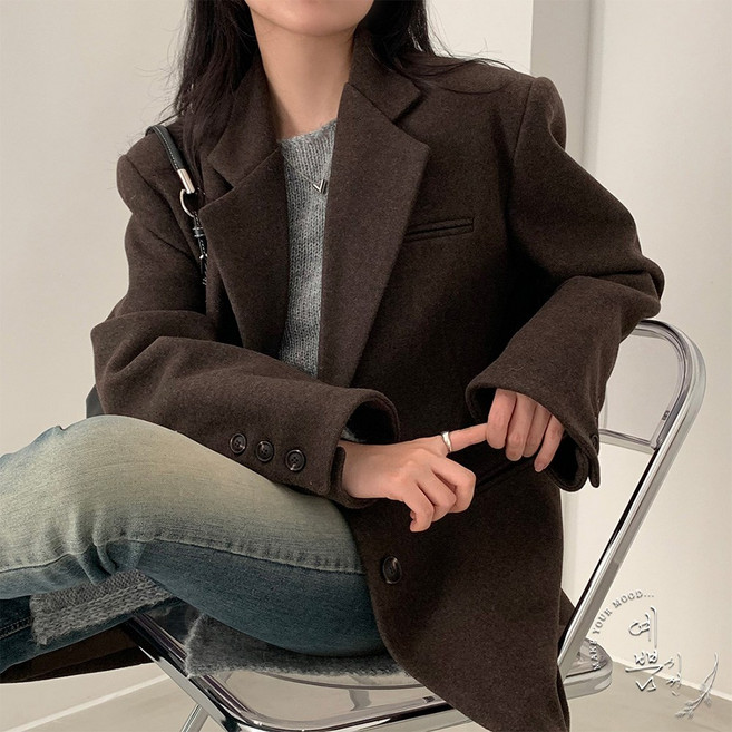 예쁨시전 더블 모직 오버핏 솔리드 정장 코트 자켓