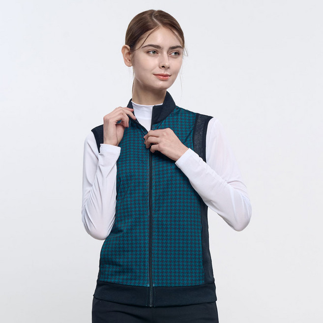 <투엘라> 여성 골프 집업 조끼 / 체크 스윙 라운딩 필드룩 레이어드 집업 조끼 베스트