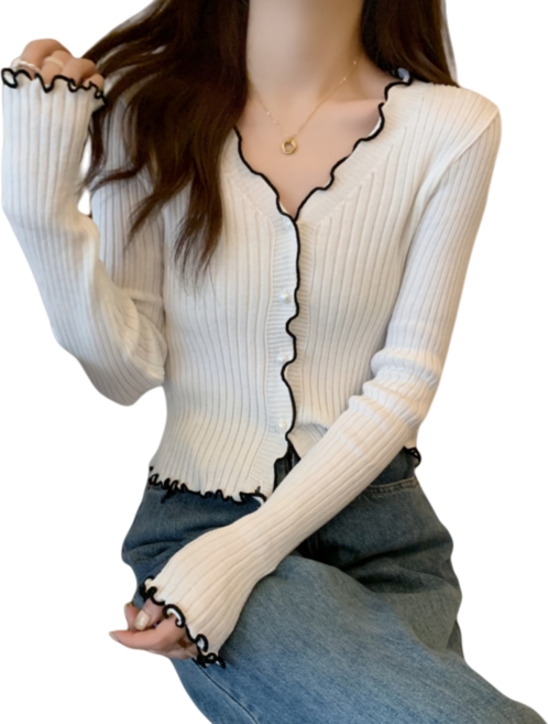 Makone 여성 간절기 브이넥 긴팔 니트