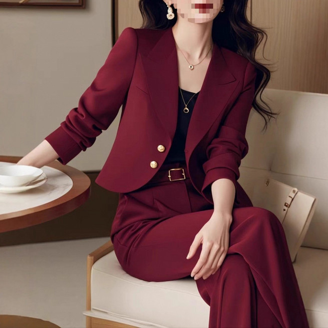 여성 봄가을 우아한 정장 세트 더블버튼 디자인 허리 조임cy