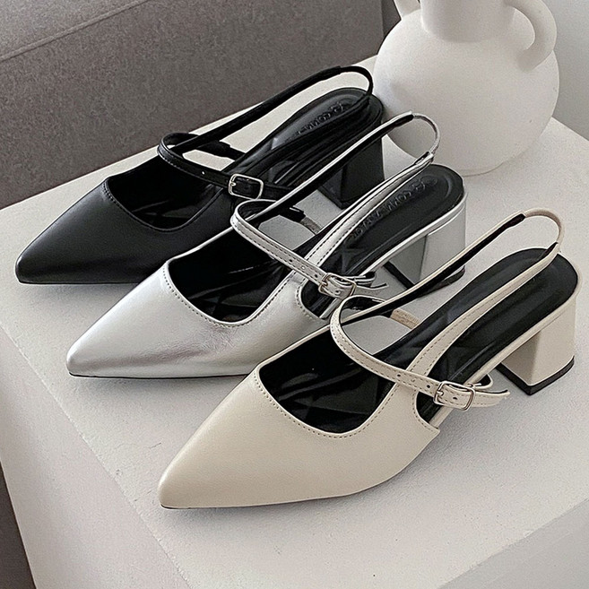 꼼지락 여성용 스틸레토 메리제인 슬링백 펌프스 5CM