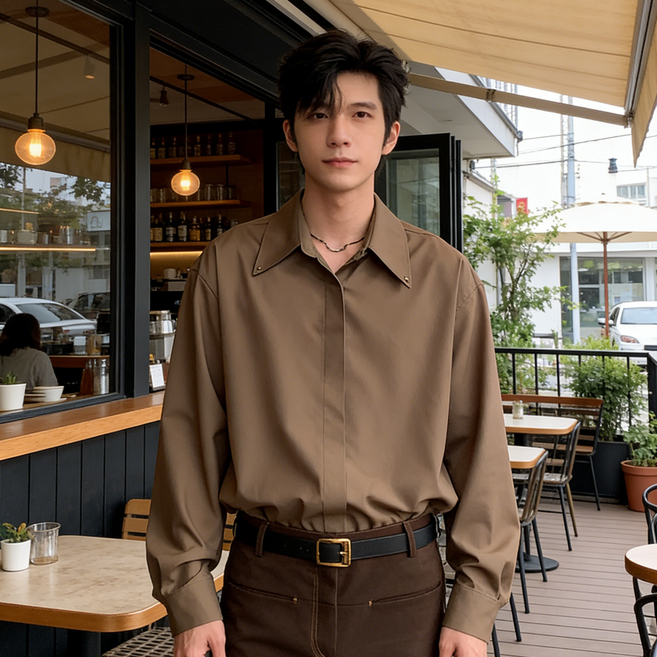 스타일닥터 여름 남자 빅칼라 오버핏 링클프리 긴팔 셔츠 데일리 출근 학생 베이직 루즈핏 스터드 칼라 카키 라이트