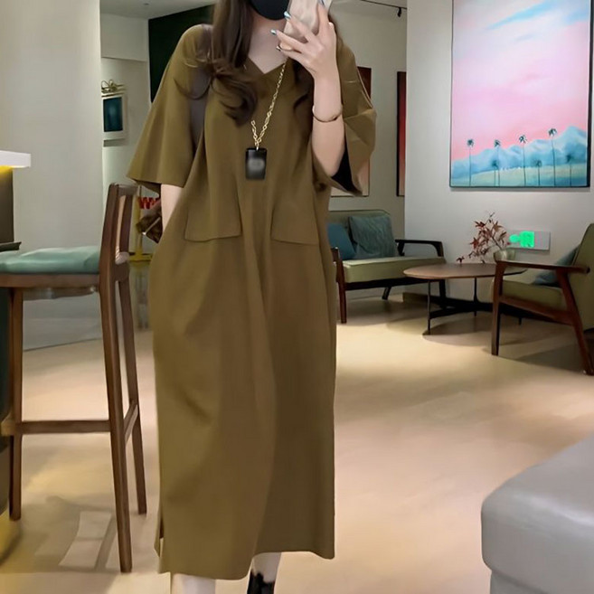 100까지 빅사이즈 여성원피스 30대 50대 여름용 얇은 브이넥 반팔 티셔츠 원피스 루즈핏 캐주얼 편안한 롱 스커트