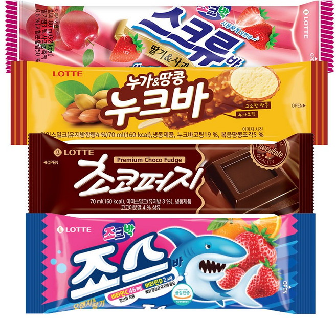 죠스바x10개+스크류바x10개+초코퍼지x10개+누크바x10개, 1세트, 3L