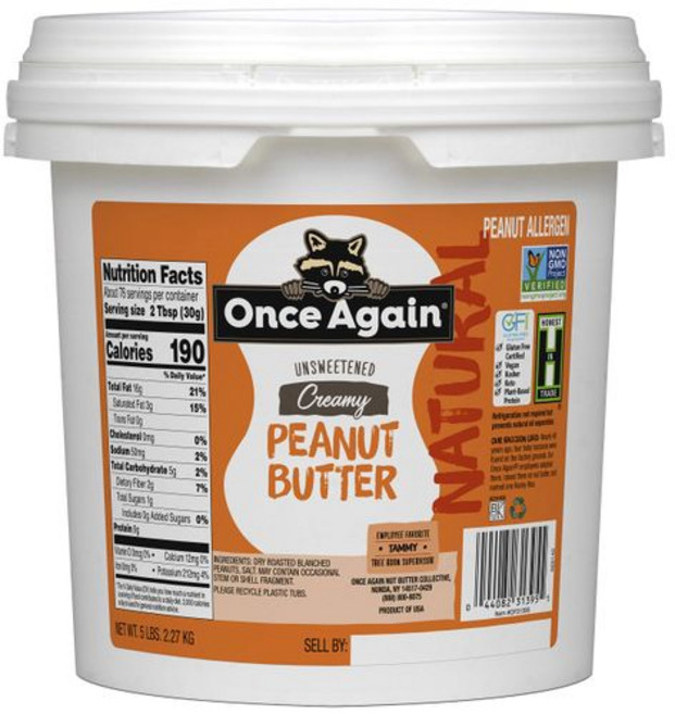 Once Again 내추럴 크리미 땅콩 버터 5lb 팬트 Once Again Natural Creamy Peanut Butter 5lb Pantry Pal (same as, 1개, 2.27kg