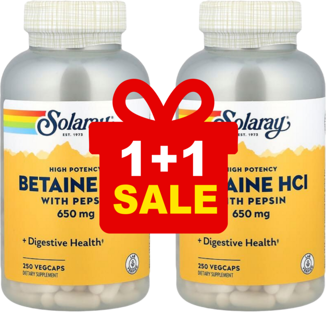 [1+1] 솔라레이 하이 포텐시 베타인 HCI 펩신 함유 650mg 식물성 캡슐 250정 / 해외직구 미국정품, 2개