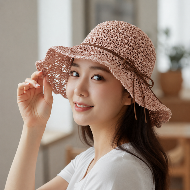 YIEUN 내추럴 리본 밀짚 썬햇 여성 라탄 산책 여행 나들이 자외선차단 여름 버킷모자