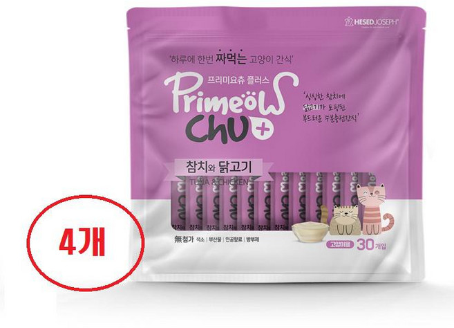 프리미요츄 플러스 참치 닭고기 30개입 4개, 참치+닭고기맛