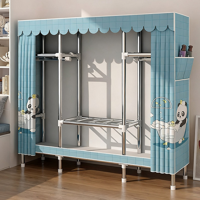 [시스슈] 강화 철제 프레임 3단 이동식 행거 | 먼지방지 커튼 일체+하단 대용량 수납, 녹색