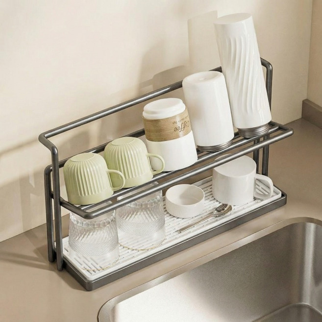 상덕 식기건조대 공간활용 좋은 컵 그릇 거치대 기둥형, 1개, 블랙, 2단