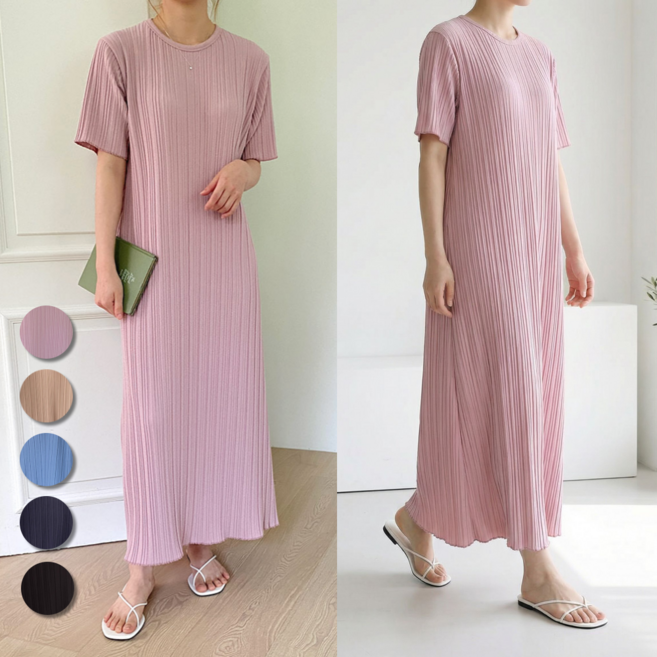 핏몬 여성 구김없는 심플 플리츠 주름 반팔 롱 원피스 5종