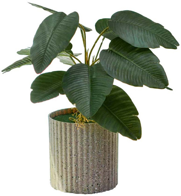 大好屋 仿真龜背葉盆栽組：竹芋、旅人蕉熱帶仿真植物 條紋盆器 輕鬆打造居家綠意, 灰色, 1件