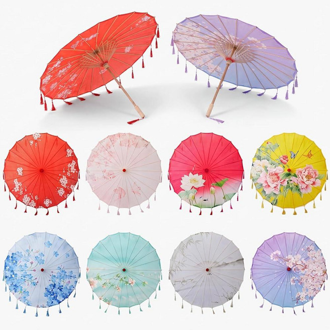 Cosblank 8 Pcs Chinese Oil Paper Umbrellas with Tassels 32 Inch Silk Japanese Paper Parasol Chines