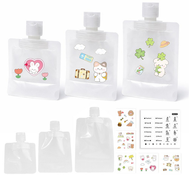 픽101 여행용 소분파우치 리필팩 소분팩 커스텀 용기 휴대용 30ml 50ml 100ml, 1세트, 3종+스티커 5종