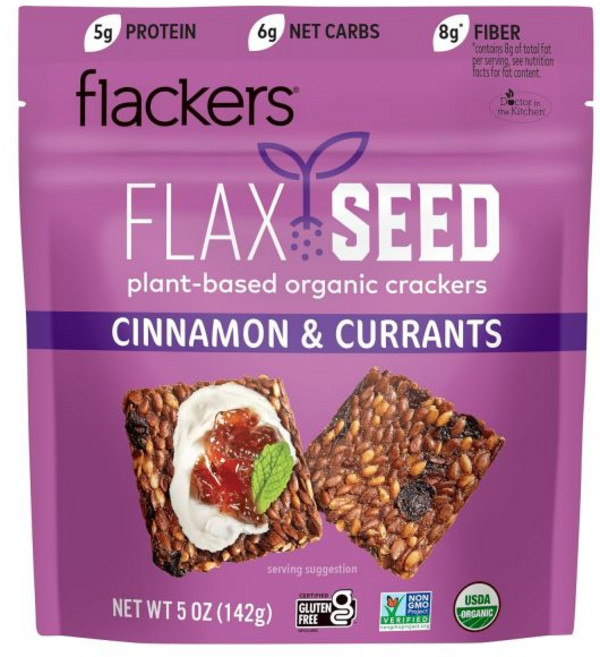 크래커 비스킷 Flackers 플랙커스 로즈마리 아마씨 글루텐 프리 비변형 비건 케토 스낵 9그램 섬유질 순 탄수화물 1그램, 계피, 5 온스 (1개 팩)