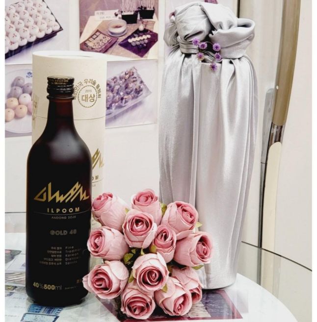 공단 실버 1병 이바지용 안동소주 (일품 골드) 선물 포장용 보자기 세트, 1세트