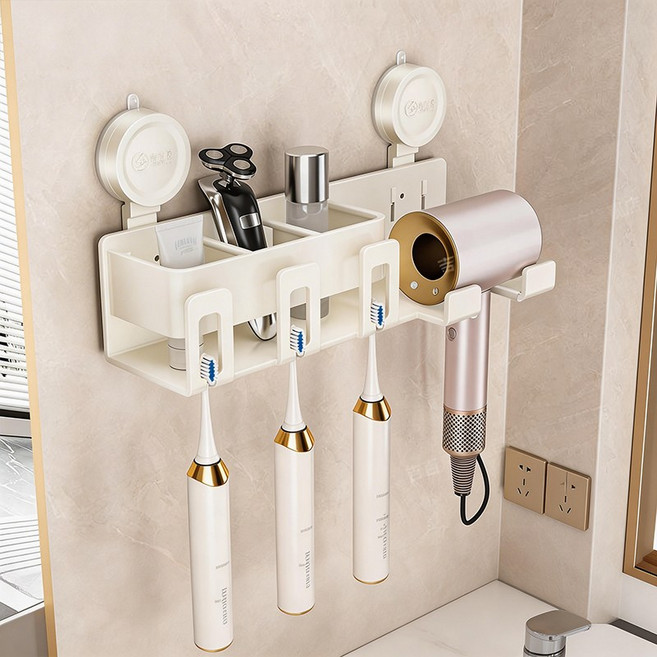 LY 무타공 흡반형 욕실 칫솔꽂이 헤어드라이기 거치대 일체형, 1개, 흰색 3인용 칫솔걸이