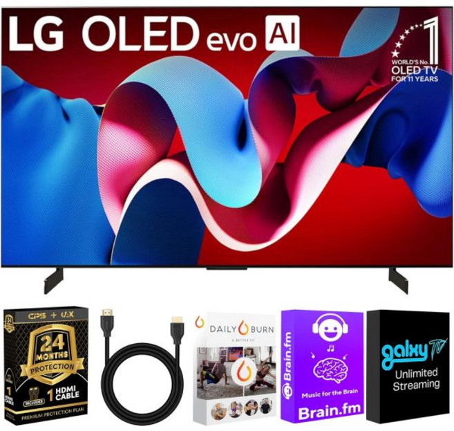 LG OLED48C4PUA OLED C4 48인치 HDR 4K 스마트 TV 144Hz 주사율 + UAX HDMI 2.0 케이블 Alexa 포함 24개월 보호 및 스트리밍 번들(, 65 INCH