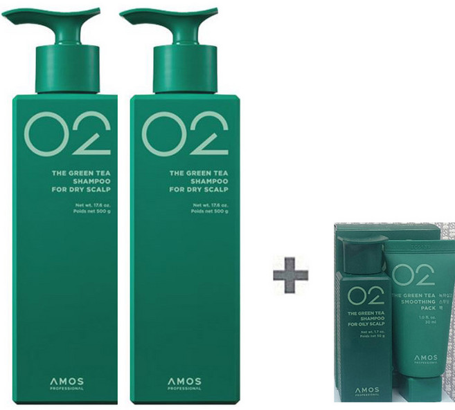 NEW 아모스 녹차실감 샴푸 중건성 두피용 500g x2개(1000g) +시그니처 키트(지성 두피용 50g+스무딩 팩 30m) 증정