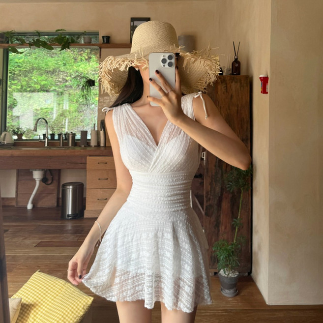 떳다그녀 올비아 시스루 레이스 리본스트랩 원피스수영복 미니원피스 커버업 하이웨스트 원피스모노키니, 화이트
