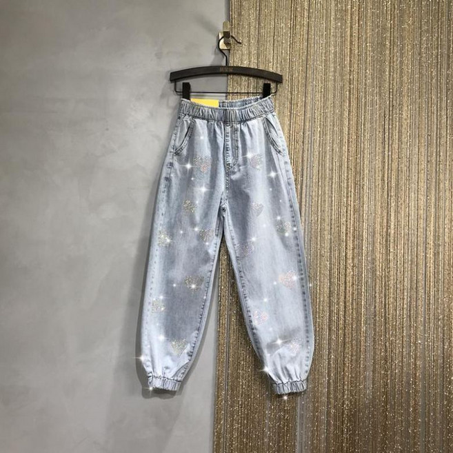 PEROLA 여성 빅사이즈 청바지 여름 반짝이 큐빅 조거 데님 팬츠 밴딩 하이웨스트 배기팬츠 (S~5XL)