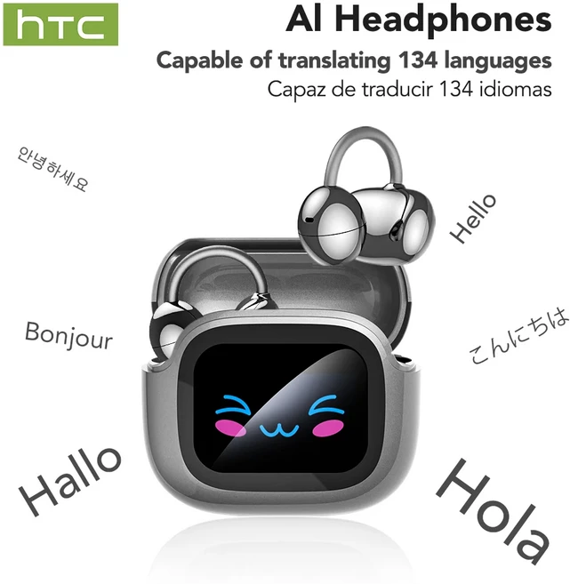 HTC NE32 Bluetooth V6.0 AI 이어폰 LCD 터치 스크린 OWS 이어 클립 무선 헤드폰 번역기 이어 버드 소음 감, 01 black AI