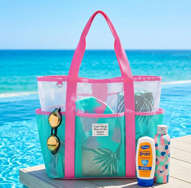 온데이즈픽 물빠짐 메시포켓 목욕수영가방, 민트핑크