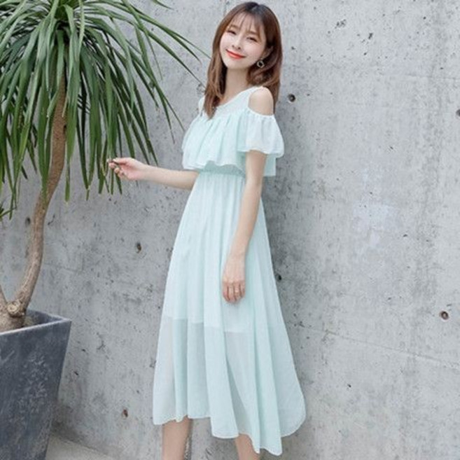 三禾 大尺碼韓版雪紡洋裝 夏季碎花長裙, 水綠色,2XL 130-145
