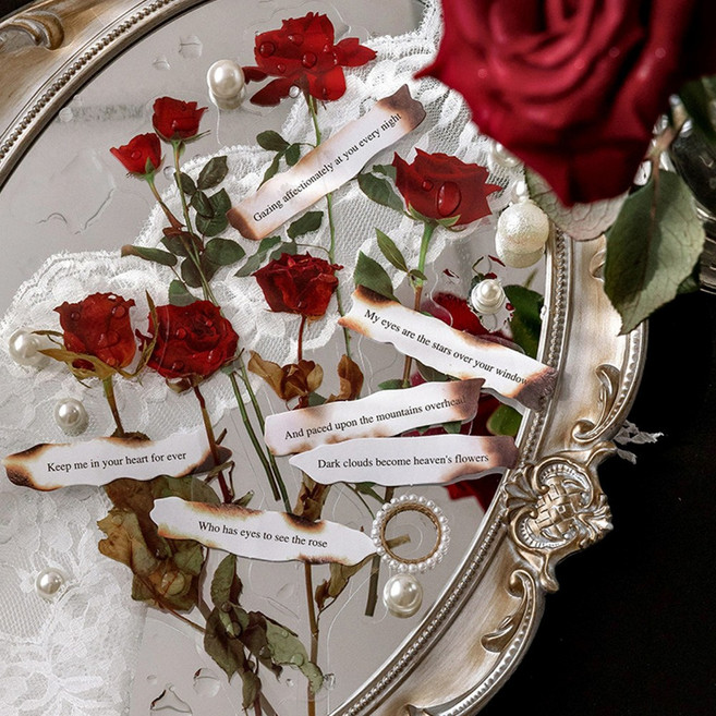 빈티지 그을린 레터링 꽃 플라워 압화 다꾸 PET 스티커 8종, 4.붉은장미 (ST-3139)