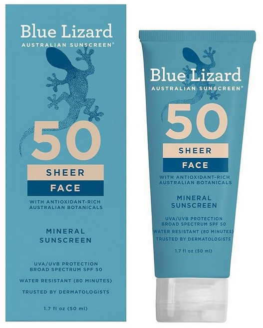 Blue Lizard Sheer Mineral SPF 50 자외선 차단 로션 산화아연 100% 미네랄 포뮬라 호주 데저트 라임과 복숭아로 영양 파라벤 프리 무향 88, 1개, 50ml