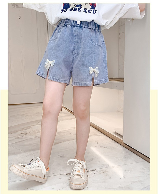 슈가푸딩 주니어 리본포인트데님반바지 초등학생 중학생 리본반바지 데님트임 여아반바지 데일리룩 소풍룩 외출룩 여름데님