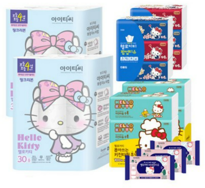 헬로키티 핑크리본 화장지 세트 60롤+골드팝업6개+키친타월6개+비데물티슈휴대3팩, 1개, 상세 설명 참조, 상세 설명 참조
