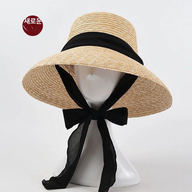 천연 라탄 라피아햇 여름모자 여자 밀짚모자 여성 휴양지 여행 챙넓은 리본 모자 검정색