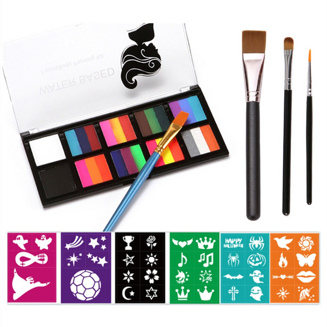 페이스페인팅 10색 세트 잘지워지는 수성물감, 물감+붓 3개+템플릿 6장, 137g