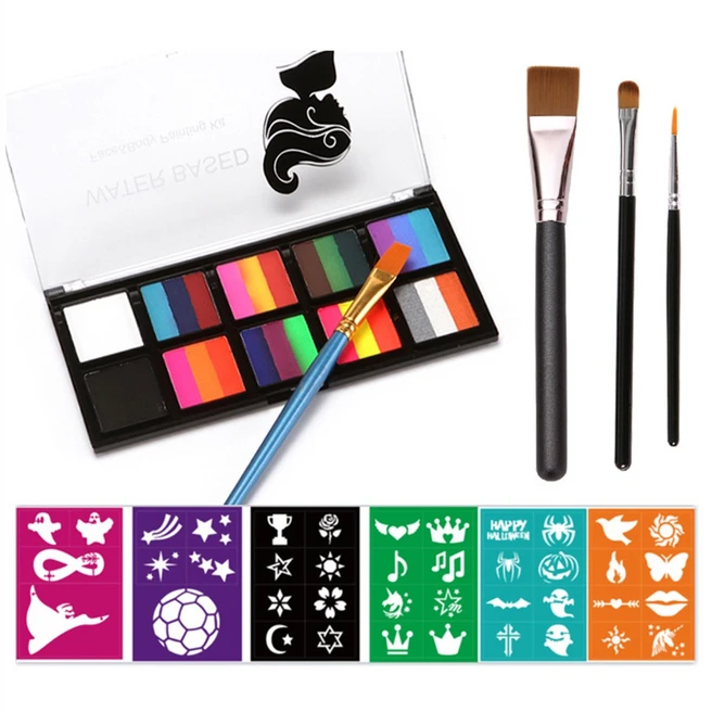 페이스페인팅 10색 세트 잘지워지는 수성물감, 물감+붓 3개+템플릿 6장, 137g - 쿠팡