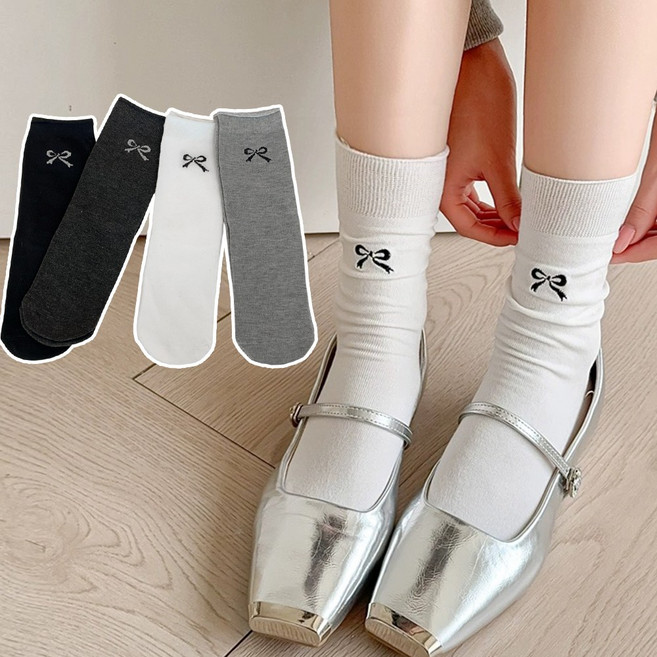 SwanCode 리본 중목 여성양말 4켤레