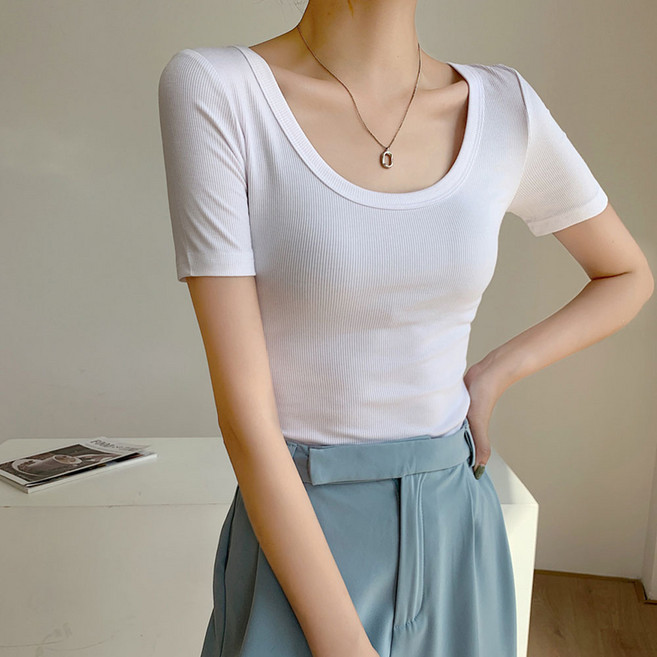 U넥라인 골지 반팔 티셔츠 (16컬러)