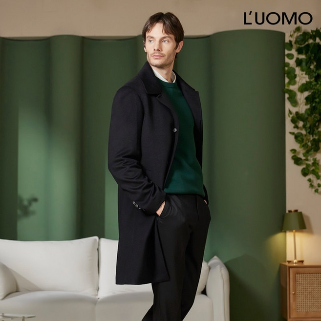 워모 남성 울 캐시미어 블렌딩 퀼티드 트리밍 코트 블랙