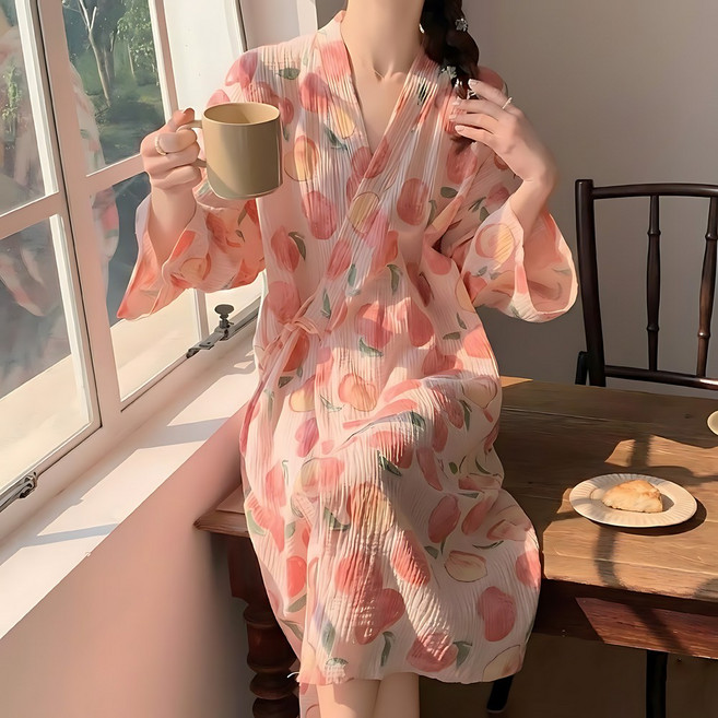 로리돌스 여성 복숭아 패턴 로브가운 봄가을 홈웨어 잠옷