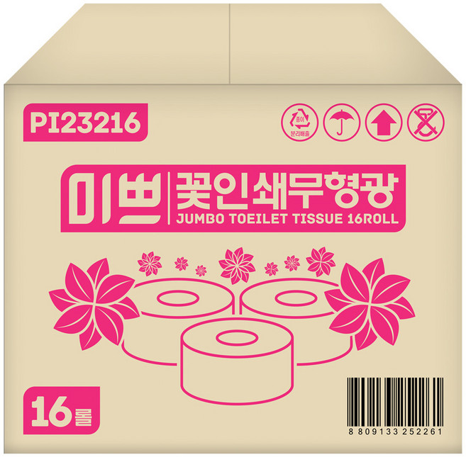 미쁘 꽃인쇄 무형광 점보롤 화장지 170m, 16개입, 1개