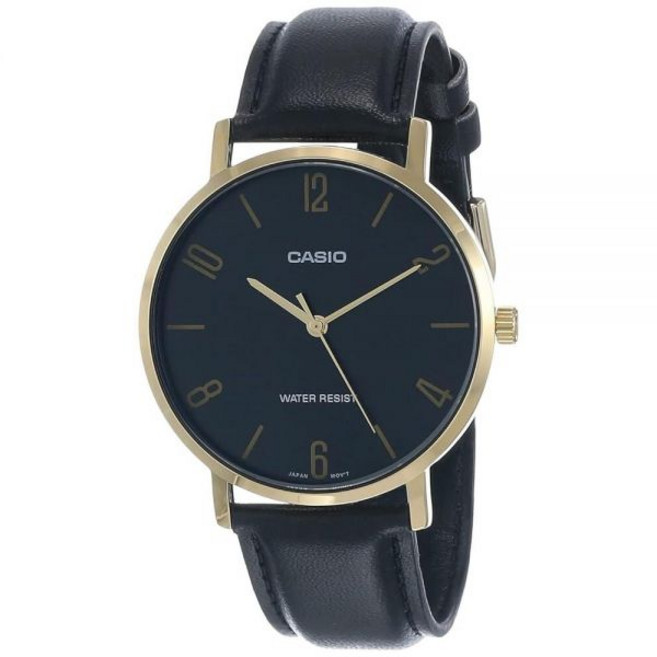 Casio MTP-VT01GL-1B2 남성용 미니멀리스트 골드 톤 블랙 가죽 밴드 다이얼 3핸드 아날로그 시계 블루. 쿼츠 무브먼트 120339, Casio 카시오MTP-VT01GL-1B2 남성용 미니