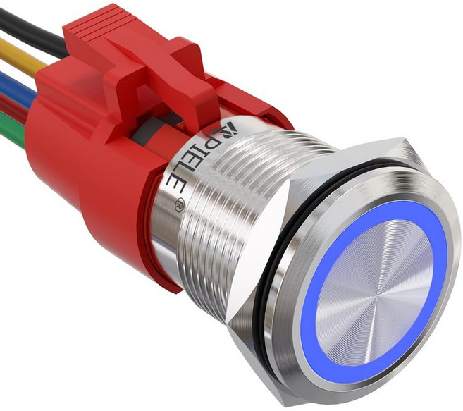 APIELE 19mm 래칭 푸시 버튼 스위치 12V DC 엔젤 아이 헤일로 링 LED 금속 074인치 1NO1NC SPDT와이어 소켓 플러그 포함 흰색, Silver Shell-Blue, 1개
