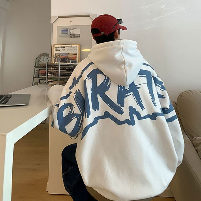 AOKADA 남성 봄 가을 캐주얼 레터링 프린팅 오버핏 후드티 힙합 후디