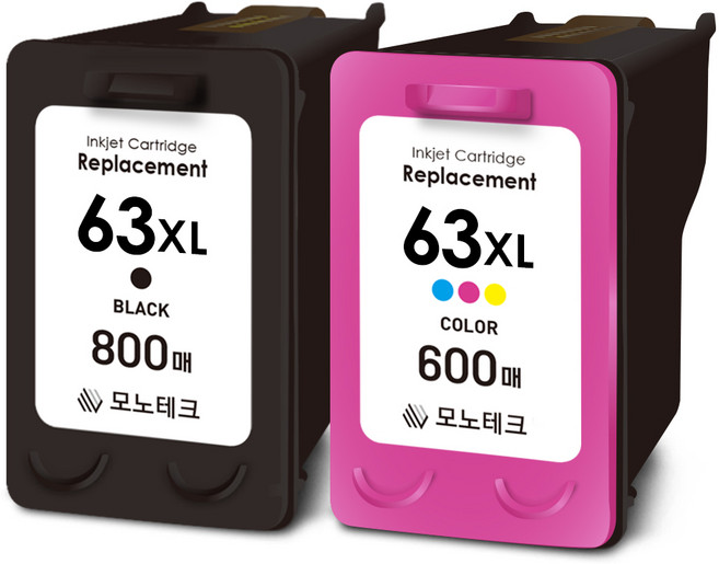 800매 특대용량 모노테크 HP 63 XL 호환잉크 세트, 1세트, 검정+컬러
