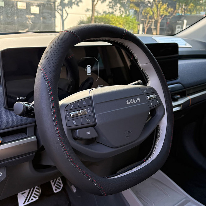 EV3 EV4 EV5 EV6 EV9 차량용 더블D컷 고급가죽스티치 핸들커버, 블루레드스티치