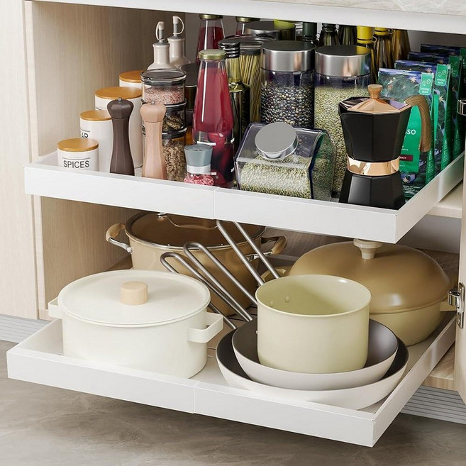 캐비닛 정리함 2팩 21인치 깊이 확장 가능12.1-20.4인치 슬라이드 서랍 캐비닛용 레일 3개 주방 욕실 팬트리 보관함 흰색 선반 펼치기