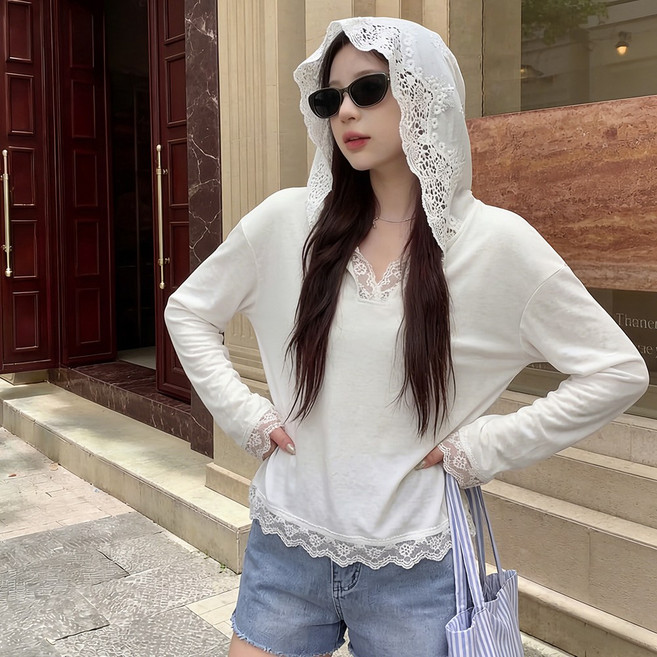 SOSISI 여성 데일리 레이스 장식 얇은 후드 긴팔티셔츠 YY1T260591